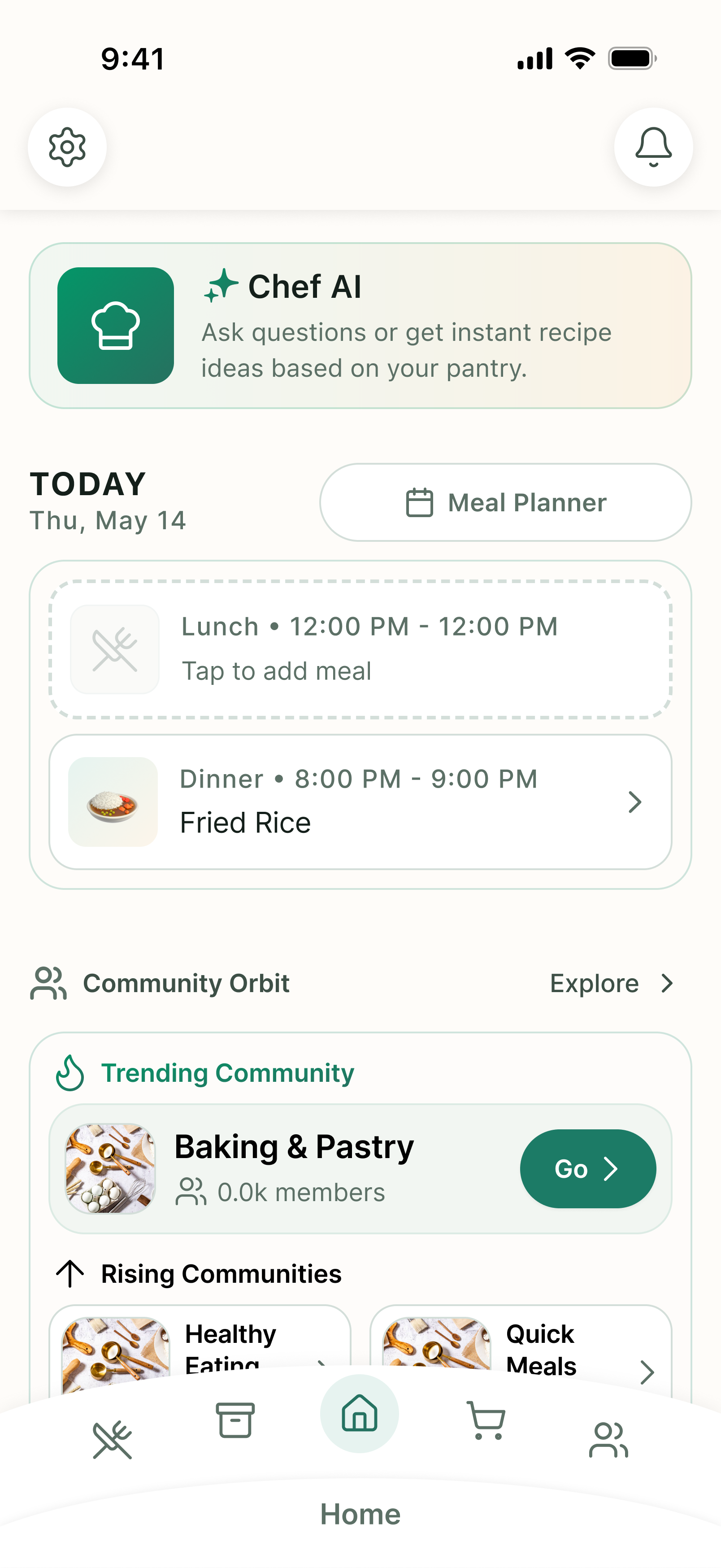 Third iteration of the MealVue home page design, displaying a high-fidelity layout with the Chef AI prompt card, a compact meal schedule, and a community orbit.