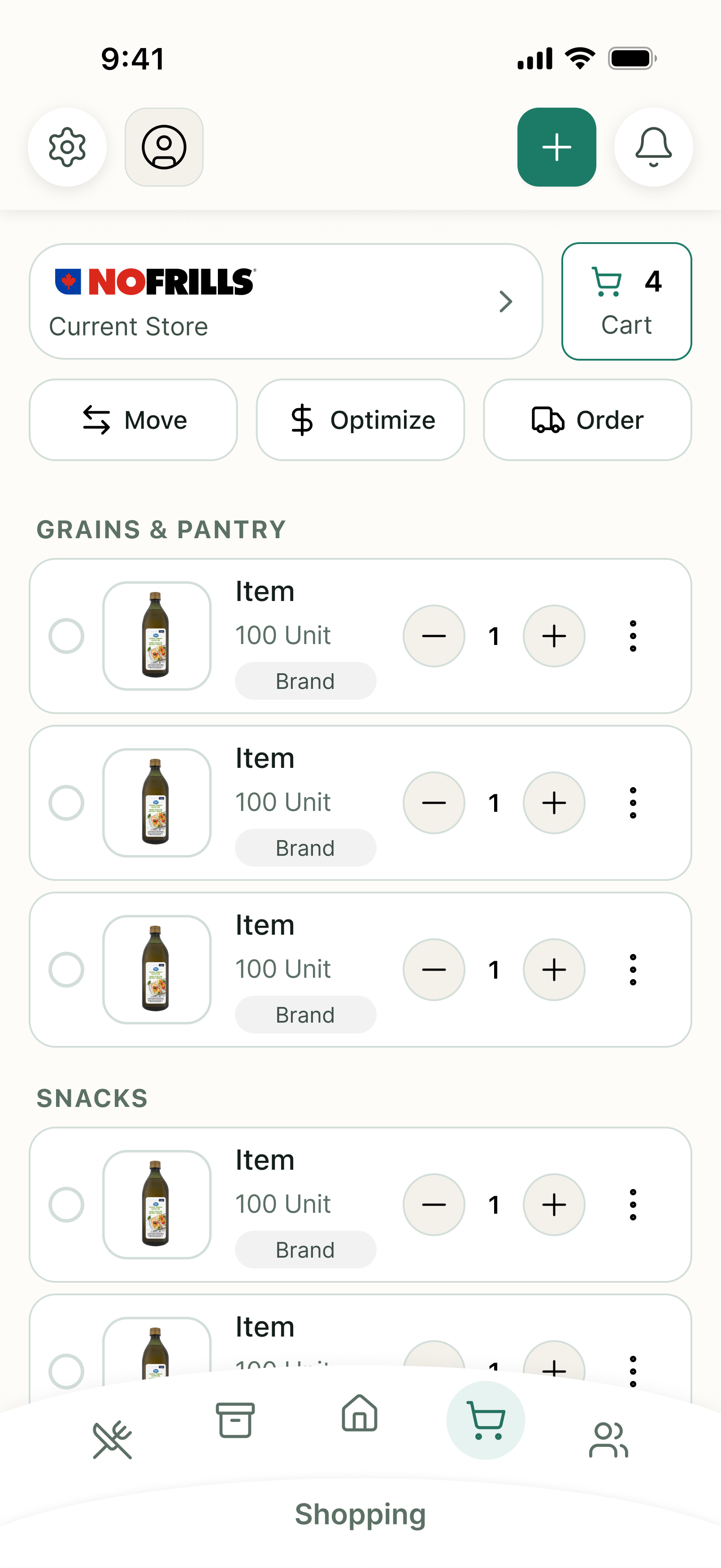 Third iteration of the shopping page design displaying a store-segmented list with favourite retailer filters, and buttons to move items, optimize your list, or order online.