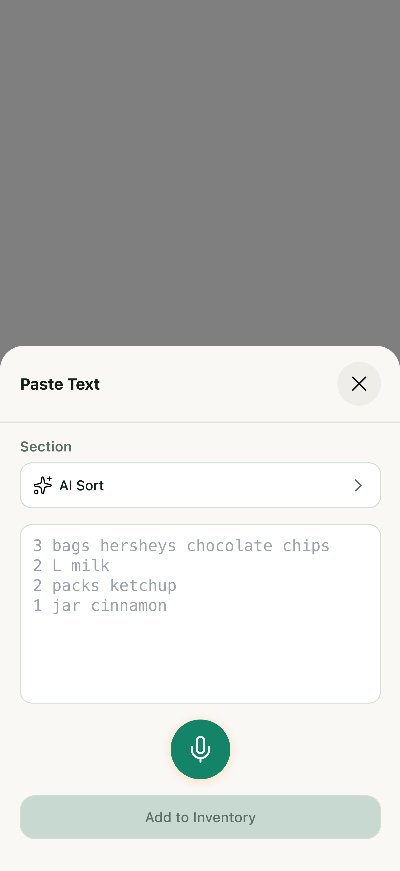 Second inventory addition flow showing a paste-text modal with an AI Sort option for batch-adding ingredients.