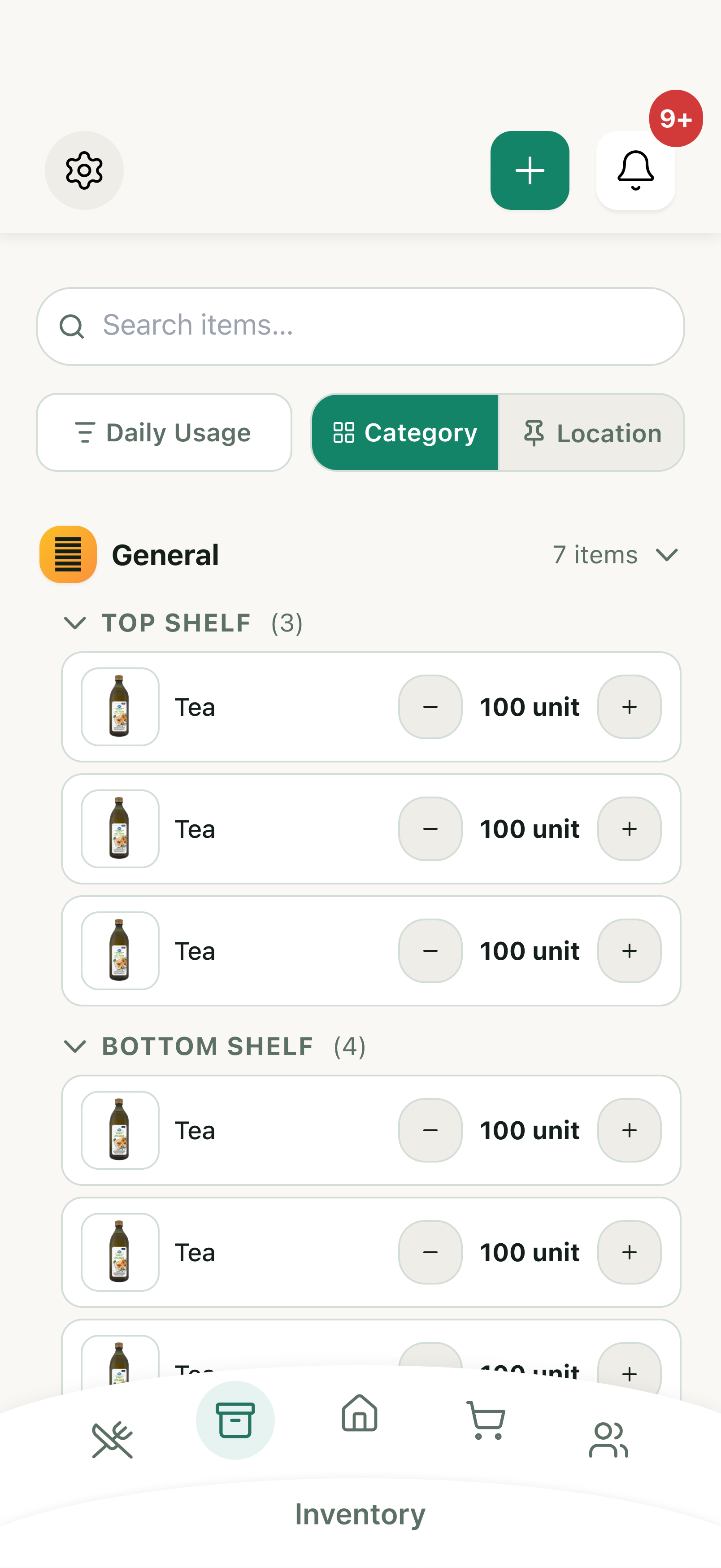 Second iteration of the inventory page design, displaying the redesigned layout with advanced organizational views for category and physical location (shelves).
