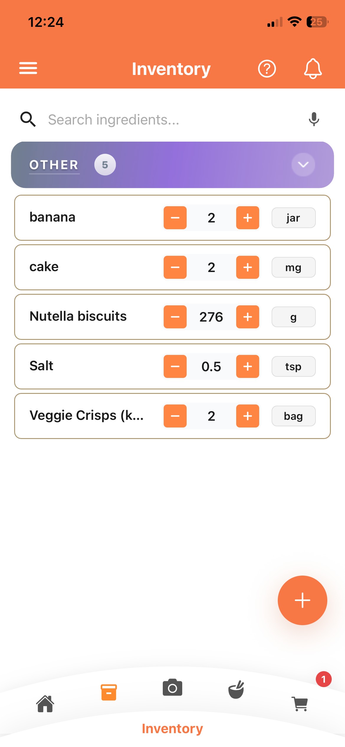MealVue legacy orange inventory screen showing item list and quantity controls