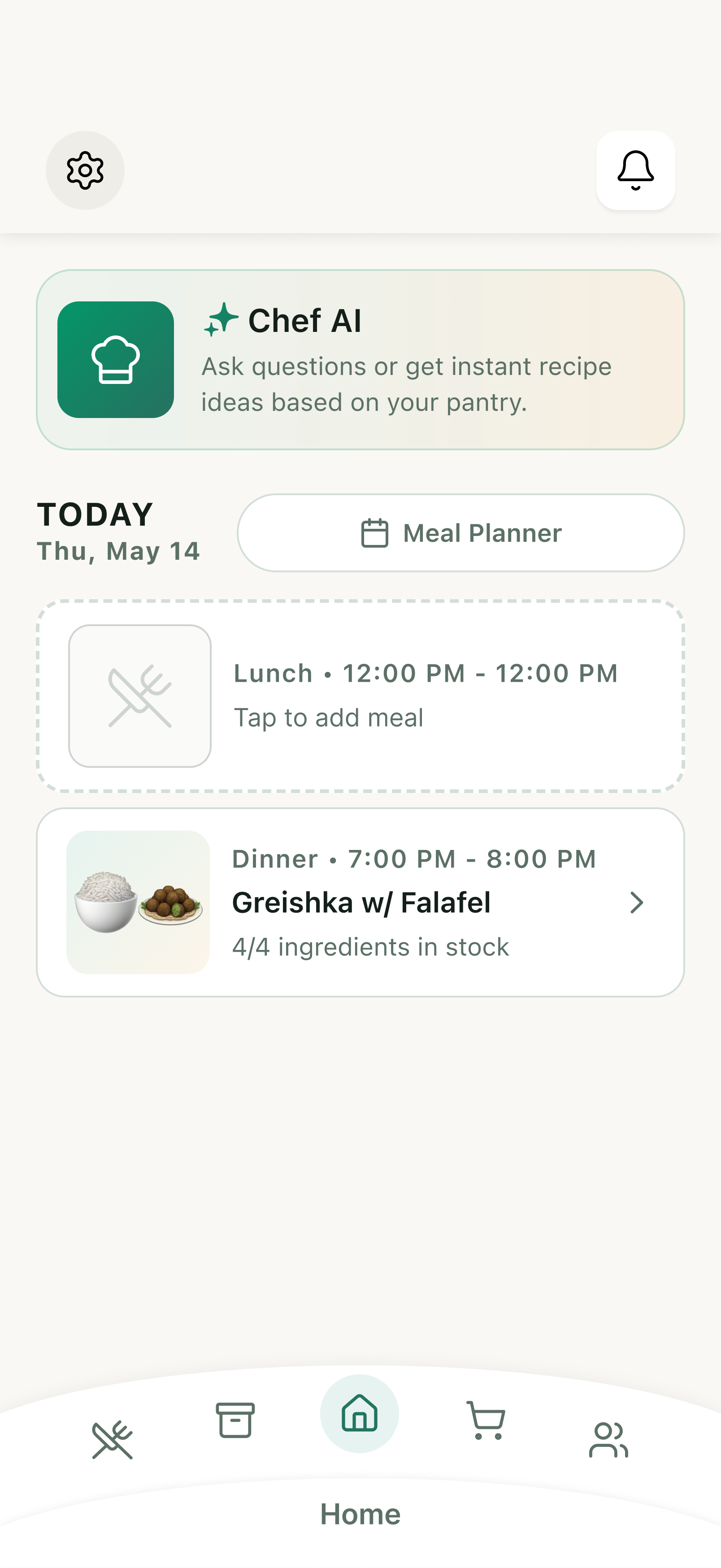 Second iteration of the MealVue home page design, displaying a high-fidelity layout with the Chef AI prompt card and a compact meal schedule.