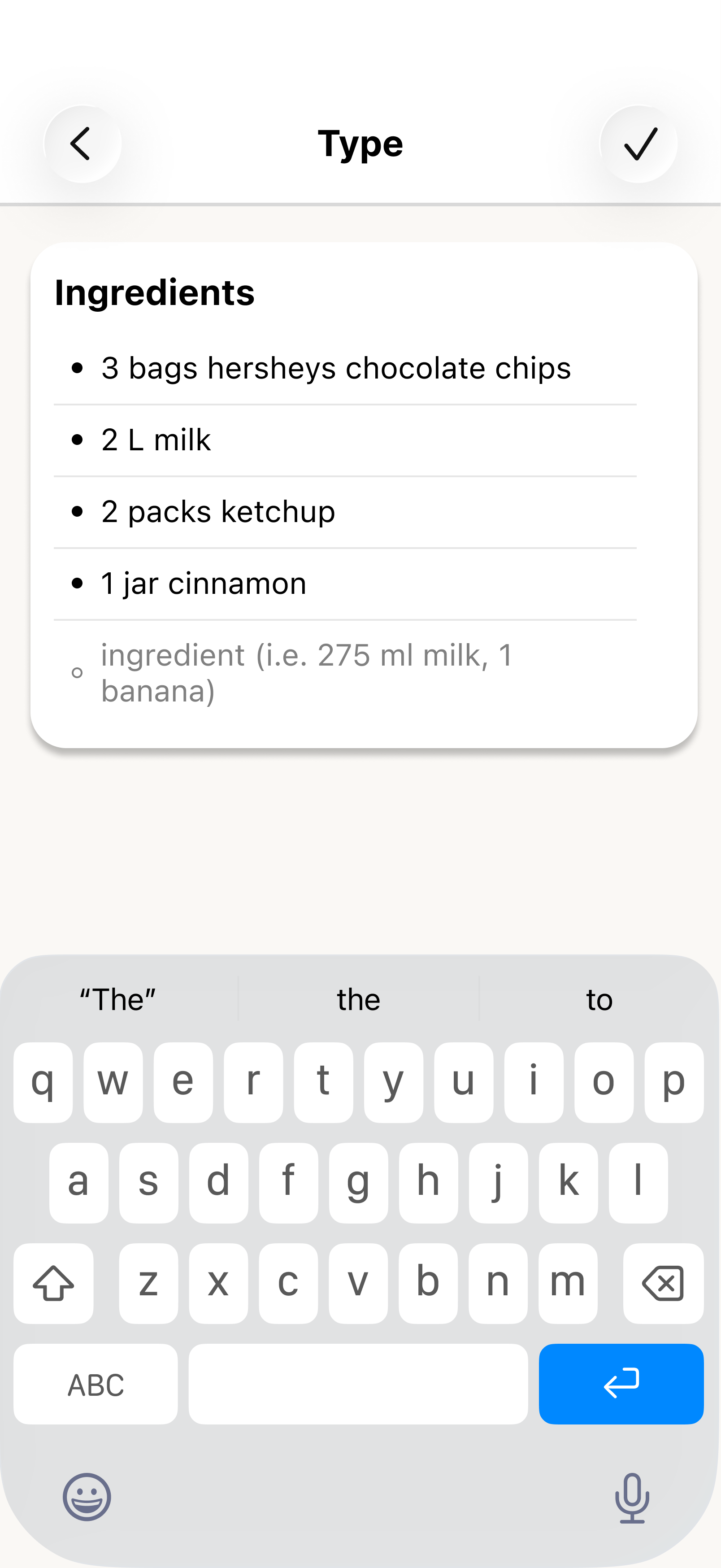 First wireframe iteration displaying a structured list view with an active keyboard for typing items.