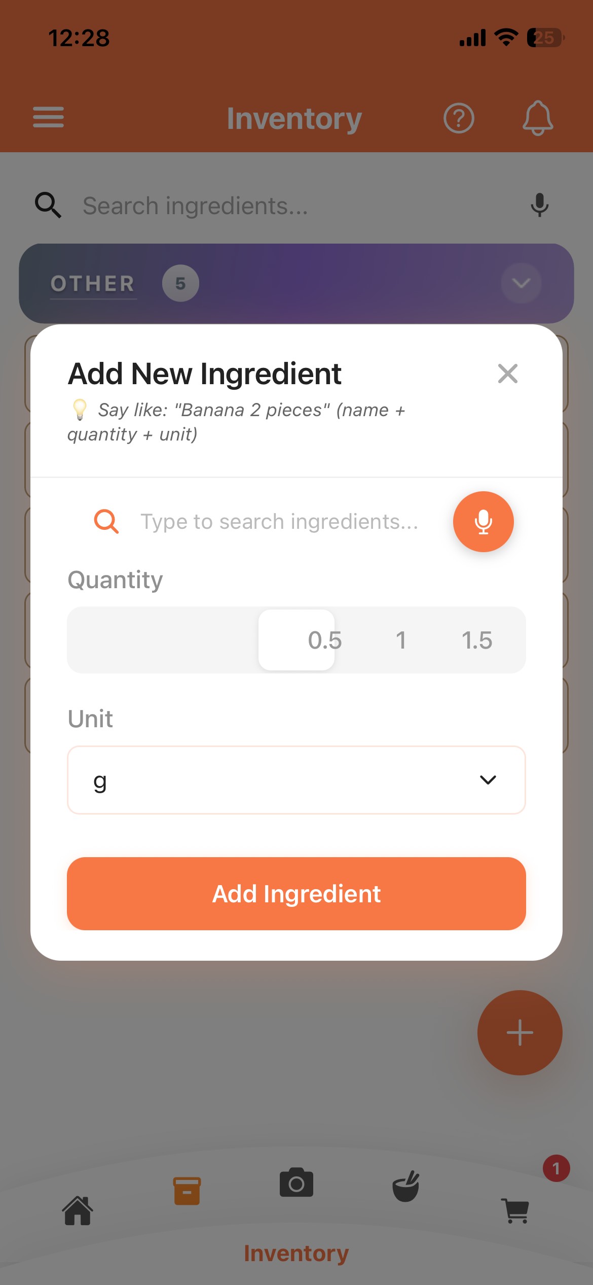 Screen 3 (Add Ingredient): Legacy modal pop-up UI showing single-item ingredient input fields without bulk update options.