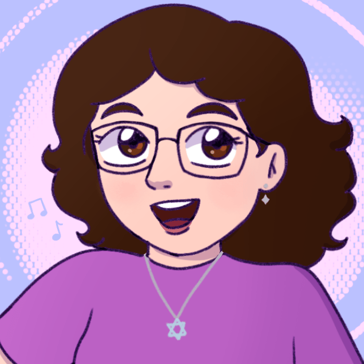 Illustration of Baila Hantsis. She has brown hair, glasses, and a star of david necklace.
