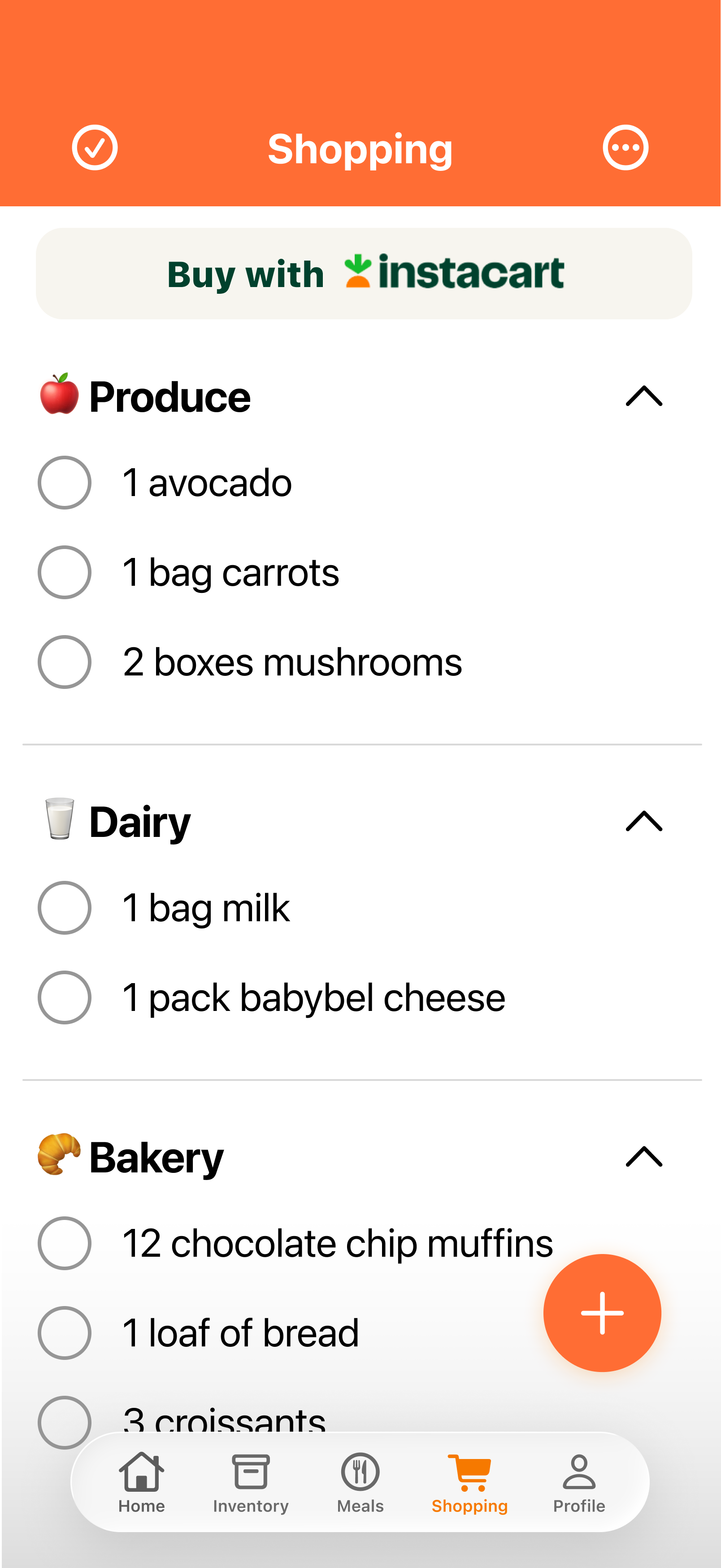 First wireframe iteration of the shopping list organized by category sections like Produce, Dairy, and Bakery with checkbox controls.