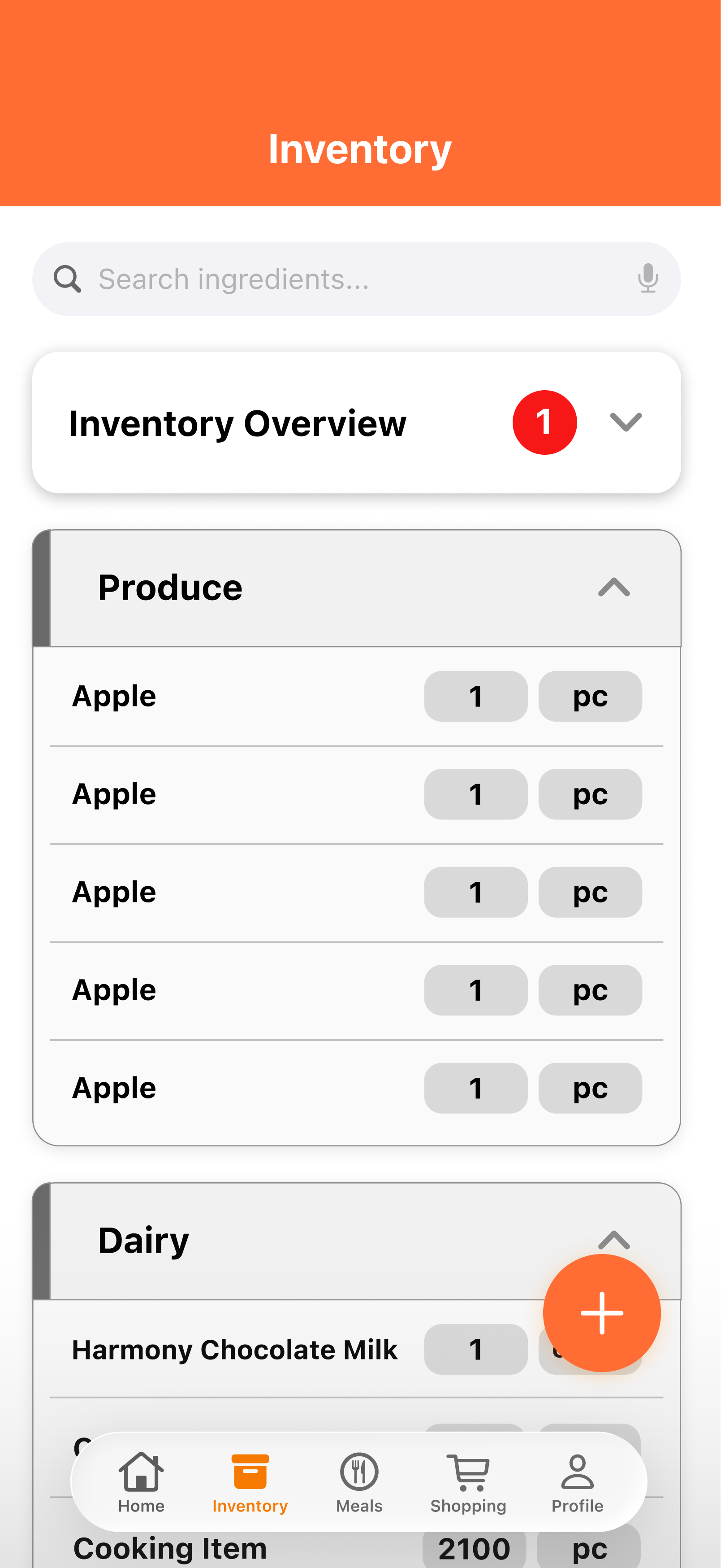 First wireframe iteration of the inventory page introducing the "Inventory Overview" and structured category sections.