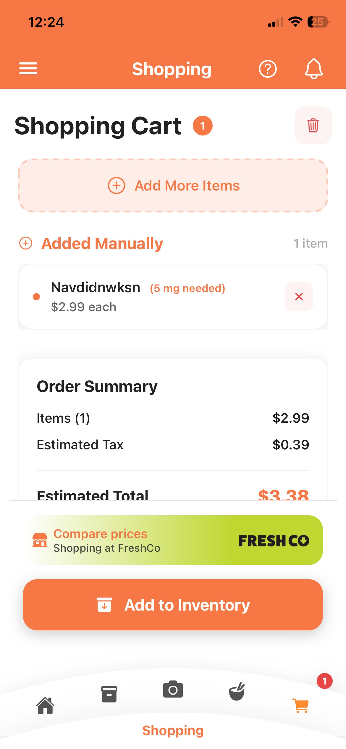 Original shopping page design featuring a cart summary with price totals, item lists, and a bottom Add to Inventory action button.