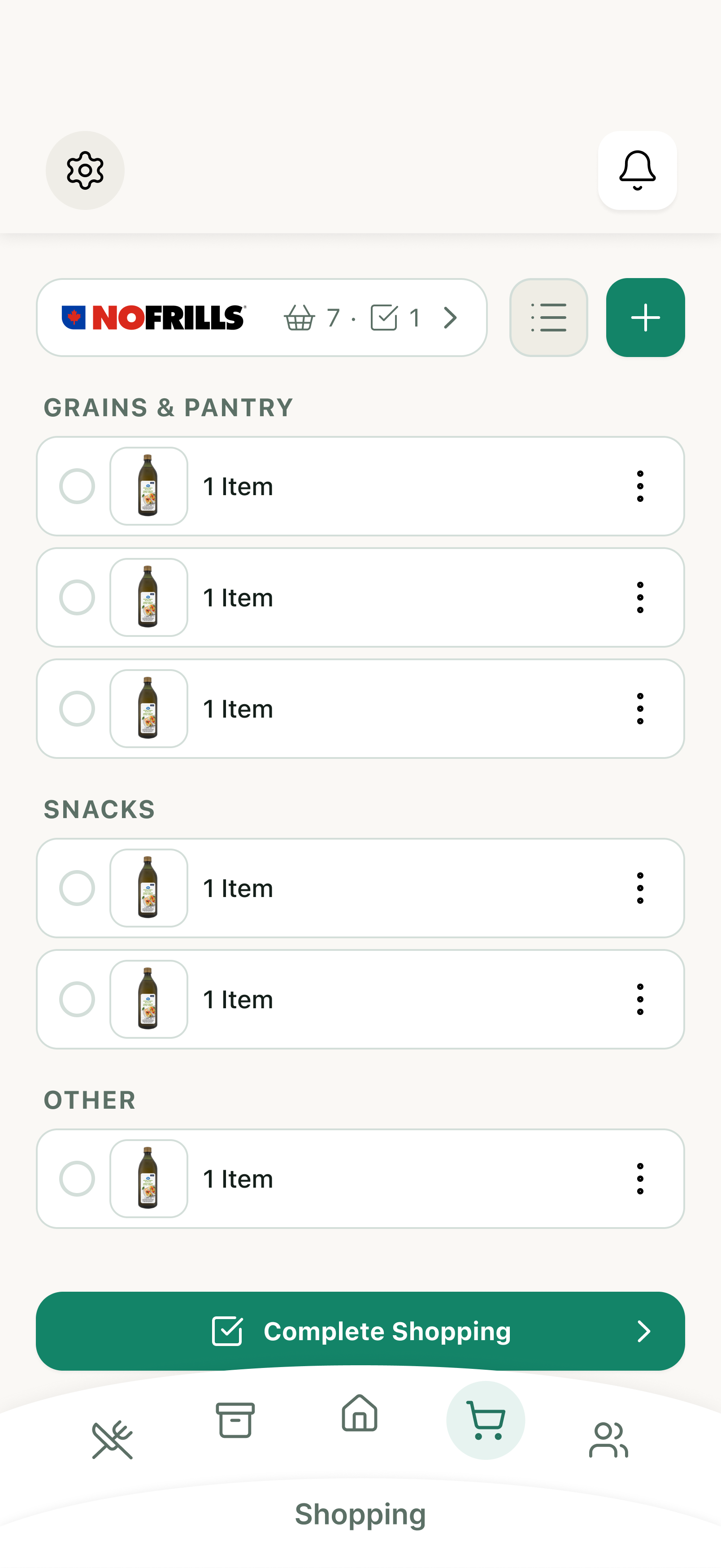  Second iteration of the shopping page design displaying a store-segmented list with favourite retailer filters, location sorting, and a Complete Shopping action button.