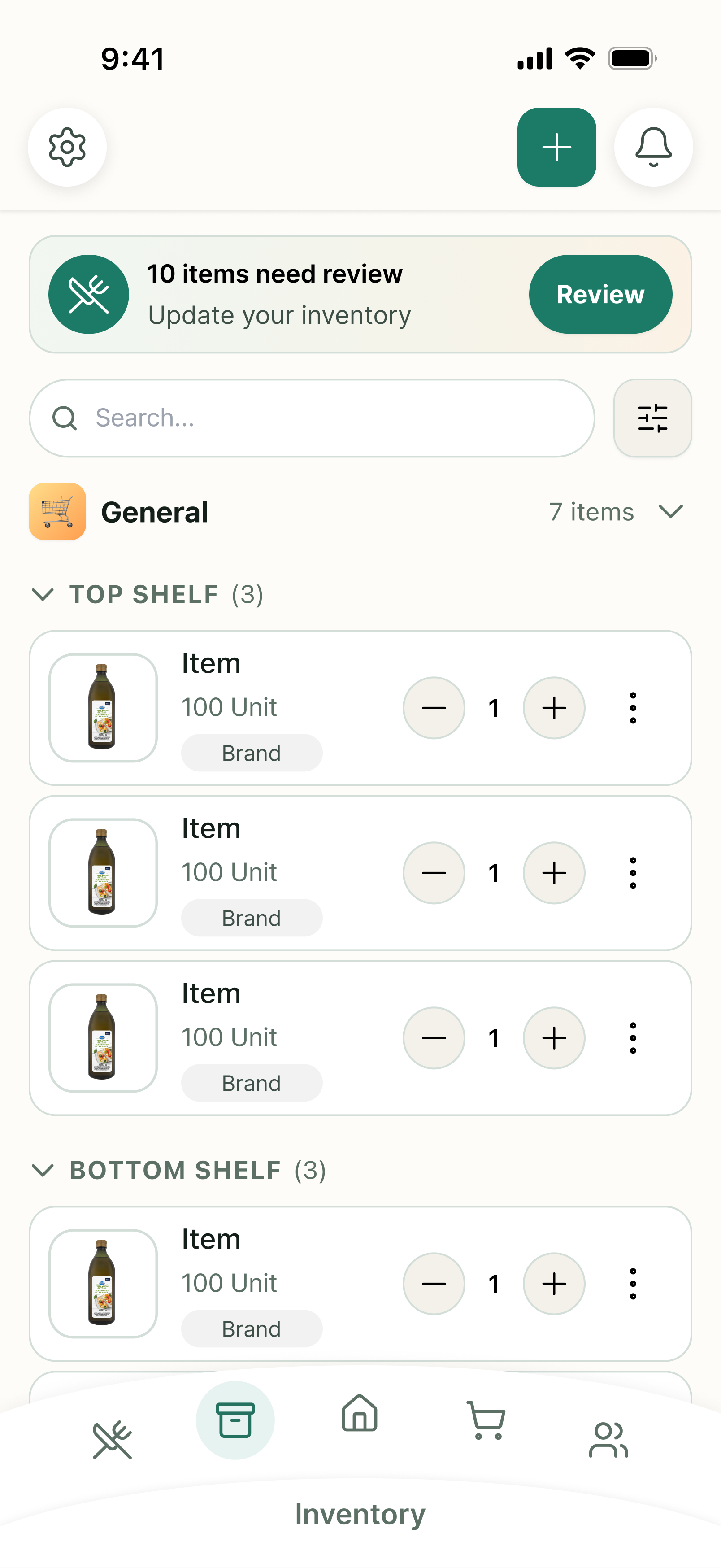 Redesigned accessible green inventory screen with categorized layout