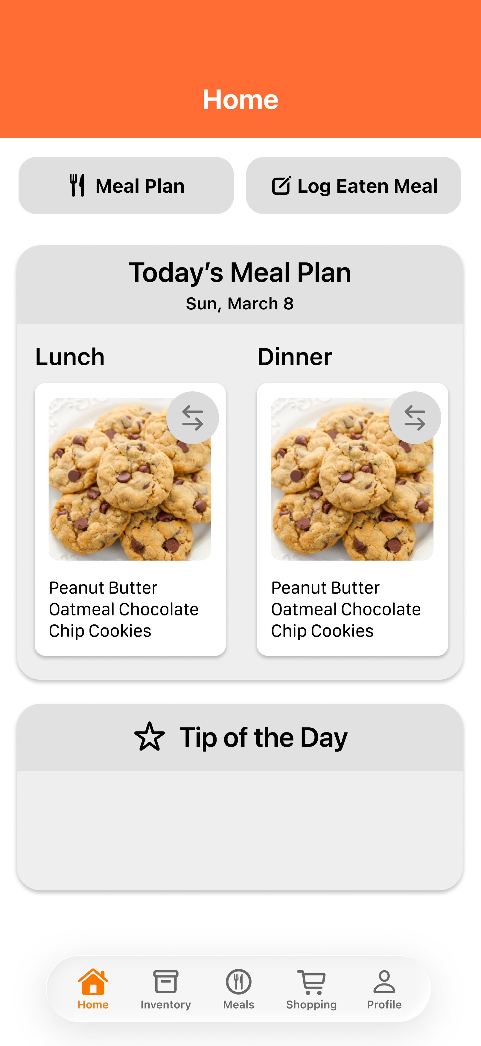 First wireframe iteration of the MealVue home page, introducing the Today's Meal Plan layout with larger recipe cards.